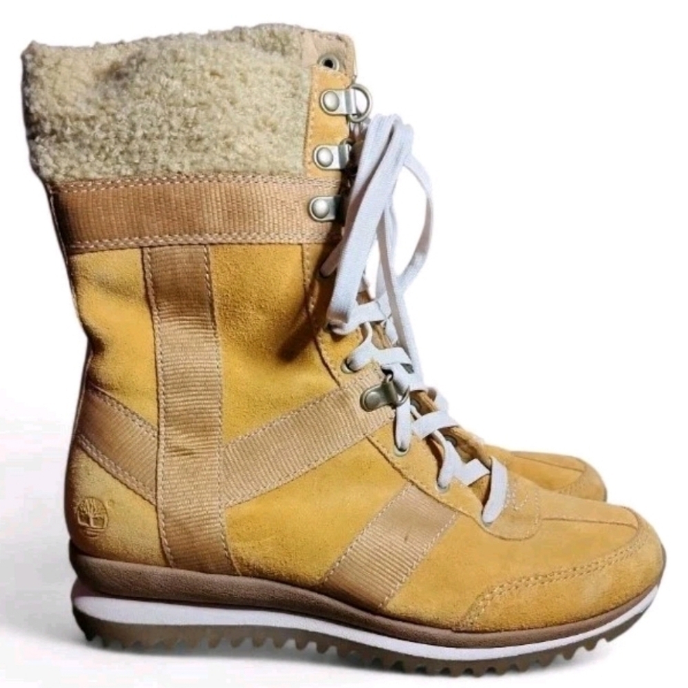 Timberland Suede Tall Winter Boots Womens Wheat Tan Faux Sherpa Lace Up Size 6.5